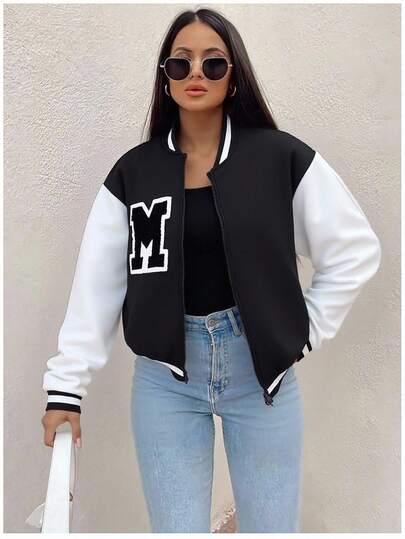 Sparklyn 少女撞色字母图案拉链休闲棒球夹克，秋季