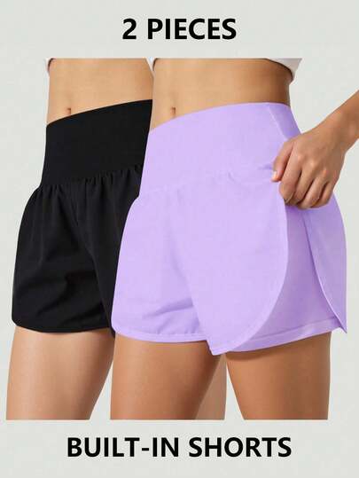 SHEIN 青少年女孩两件套服装，纯黑色和紫色，简约设计，宽松版型，舒适，百搭，休闲，运动，高腰设计，贴身效果，百搭短裤和运动裤，吸湿排汗，适合春夏季