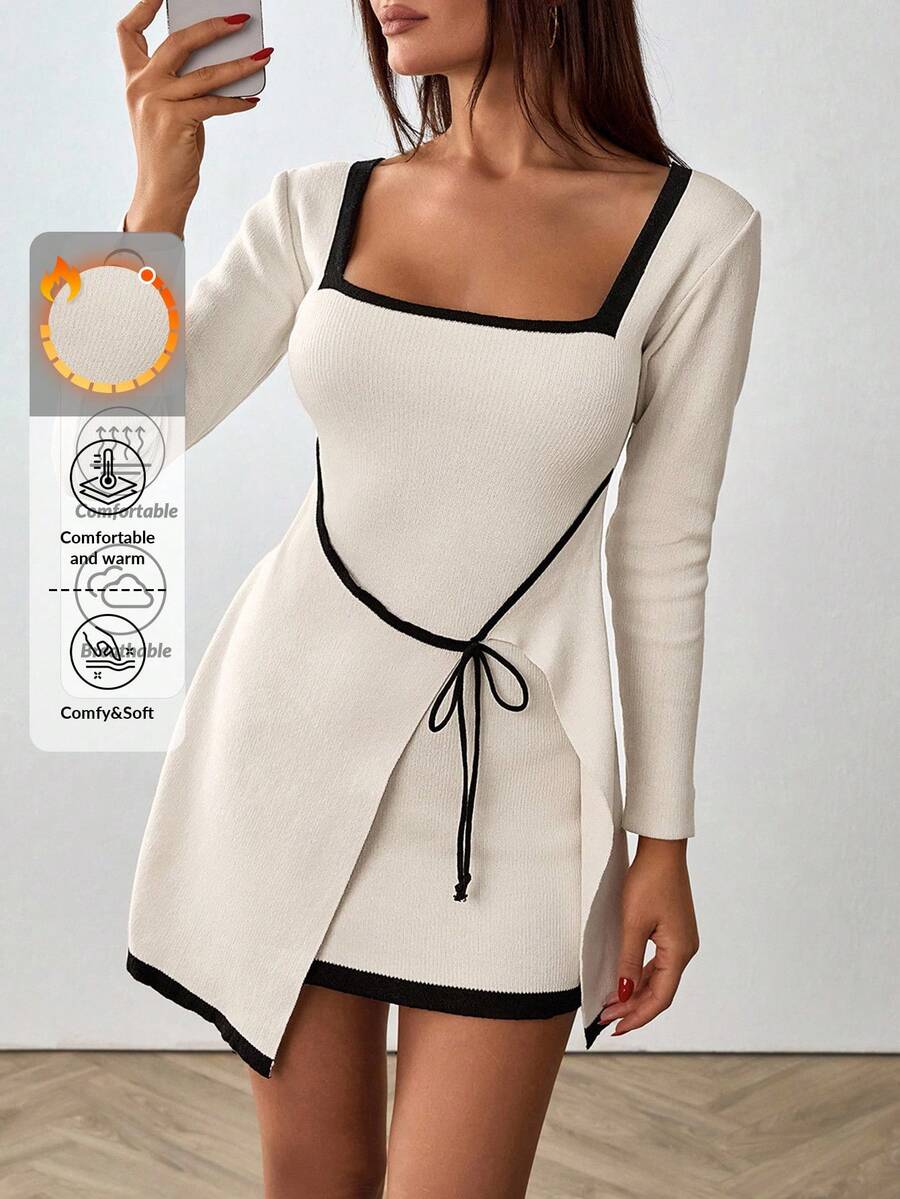 EURMUSE Petite Scollo elegante con contrasto, fiocco a maglia, con tie in vita - Bianco e nero - Visualizzare 1