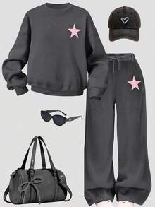 SHEIN Teen Girls Loose Fit Star Print Crew Neck Sweatshirt And Wide Leg Sweatpants 2 Piece Set, Casual Street Style, Suitable For Autumn/Winter Fall Girls Lounge Set Sweat Sets Tweens Comfy Sweatsuit Set Girls Sweatshirt Straight Pants Suit Tween Girl Tween Sweat Pants Set