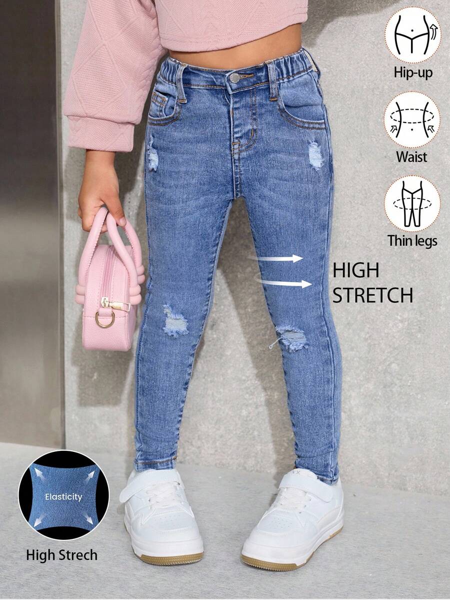 Young Girl' Blue Denim Ripped Skinny Jeans Fall Winter - Dark Wash - View 1
