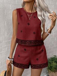 EMERY ROSE 2pcs Vacation Casual Geometric Embroidery Tank Top And Shorts Set - Burgundy - View 3