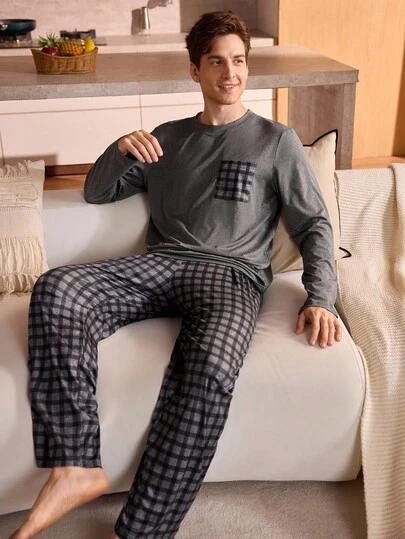 Manfinity Underwear&Sleepwear Basics 2 件套格子圆领长袖大码男士睡衣套装（灰色男士睡衣套装，柔软舒适）