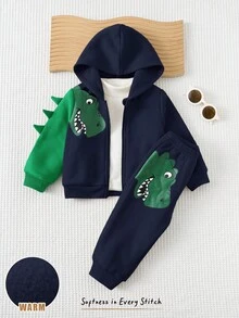 Cozy Pixies 2pcs Baby Boy Cartoon Dinosaur/Tyrannosaurus Rex Print Hooded Zip-Up Jacket And Elastic Waist Jogger Pants Set, Autumn/Winter Baby Clothes Baby Boy Dinosaur Clothes Baby Boy Character Clothes Baby Boy Clothes Baby Boy Fall Newborn Zipper Suit - Royal Blue - View 3