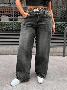 Dripcurv 加大码牛仔裤，休闲宽松直筒裤，豹纹腰带，阔腿休闲裤，双腰带松紧腰带，复古牛仔直筒宽松裤，女士街头潮流裤，休闲版型松紧腰带，撞色腰带，二合一设计豹纹 - 黑色 - 查看 3