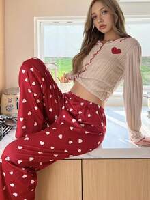 Softscene 女士罗纹羊毛刺绣心形休闲紧身针织长袖睡衣套装，秋冬装 - 杏色 - 查看 4