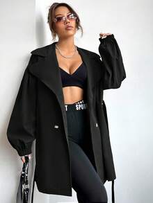 SHEIN EZwear 秋季大码休闲纯色双排扣风衣 - 黑色 - 查看 1