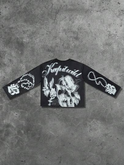 Street Life Camiseta de manga larga casual para hombre con estampado de letra y cruz, otoño