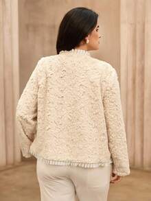 Roveilla Chaqueta de mujer de talla grande con cuello de piel de conejo sintética, perlas falsas y botón de perla de abotonadura sencilla - Albaricoque - Ver 2