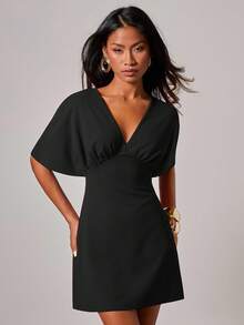 COSMINA Women's Solid Color V-Neck Batwing Short Sleeve Fashionable Mini Dress - Black - View 4