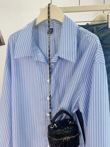 Franclia Chemise tissée décontractée rayée grande taille, automne/hiver - Bleu azur - Voir 3