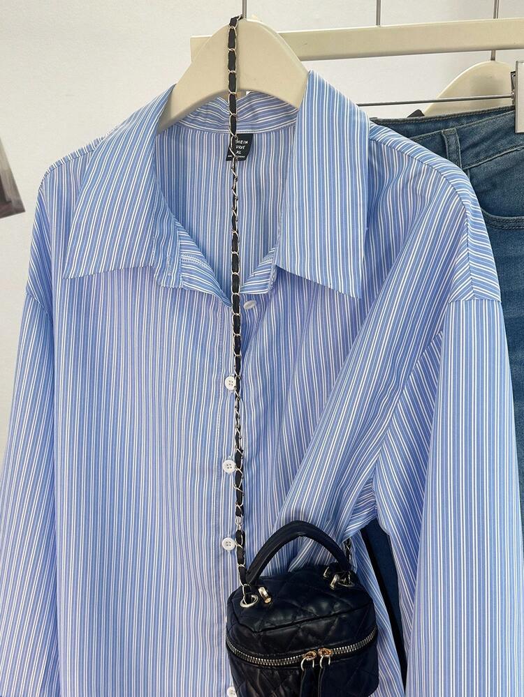SHEIN Franclia Plus Size Striped Casual Woven Shirt, Autumn/Winter Baby Blue Shirt Stripe Shirt Blue And White Shirt Blue Striped Shirt Light Blue Blouse - Blue - View 3