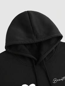 Claim Dot Plus Size Men's Letter & Floral Print Long Sleeve Drawstring Hooded Casual Sweatshirt, Autumn/Winter Flower Hoodie Black Graphic Hoodies