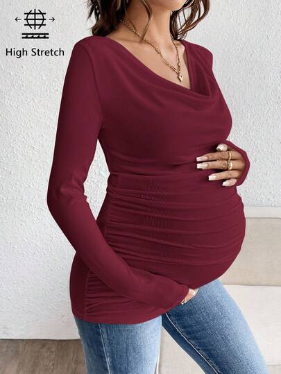 SHEIN Camiseta de maternidad ajustada con cuello con volantes de unicolor elegante, otoño