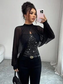 Elenzga Áo thun nữ trơn màu đính sequin cổ đứng, viền lưới tương phản và dây đeo mảnh, áo thun sequin thanh lịch thích hợp cho các buổi tụ họp trang trọng mùa thu/đông, hẹn hò, ngày lễ như Giáng sinh, Halloween, ngày lễ tình nhân, năm mới - màu đen - Xem 4