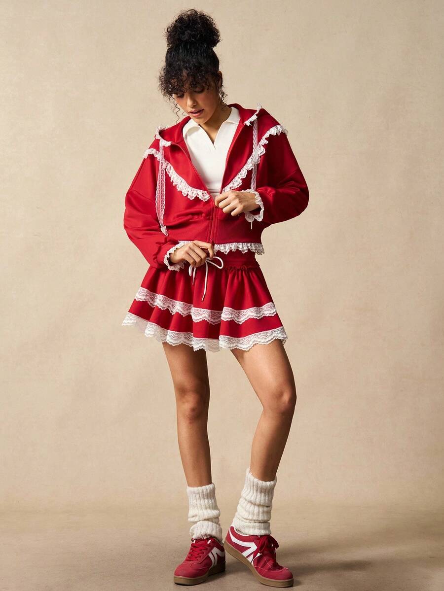 VARSIVA 女式撞色蕾丝荷叶边下摆落肩拉链连帽运动夹克 - 彩色 - 查看 1