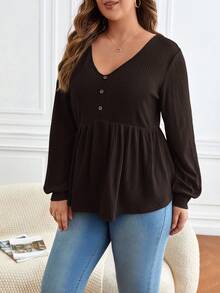 SHEIN Frenchy Kaos Wanita Ukuran Besar Lengan Panjang Leher V Bergaris dengan Desain Kancing, Blus Cokelat Tua dengan Hem Berkerut, Atasan Hitam Musim Gugur Kasual Cerdas untuk Sehari-hari di Musim Gugur dan Musim Dingin - Chocolate Brown - View 5