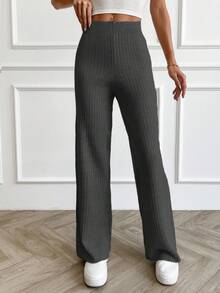 SHEIN Women's Rib Knitted Straight High Waist Knit Pant - Dark Grey - View 3