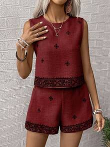 EMERY ROSE 2pcs Vacation Casual Geometric Embroidery Tank Top And Shorts Set - Burgundy - View 4