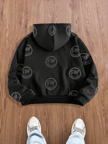 Manfinity VCAY 男士休闲连帽运动衫，带笑脸水钻装饰，高街时尚，适合秋冬 - 黑色 - 查看 2