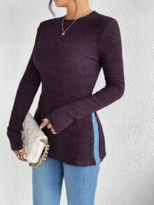 SHEIN Frenchy Solid Split Grain Fabric Round Neck Hem Ribbed Knit Tee,Fall,Fall Clothes For Women Winter Casual Spring - Violet Purple - View 5