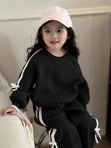 Dazy Kids 2pcs/Set Young Girls Round Neck Knitted Sweatshirt Set, Fall - Black - View 4