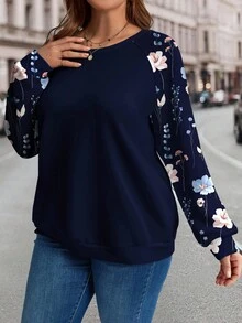 EMERY ROSE 大码女式花卉印花拼布卫衣，休闲秋季