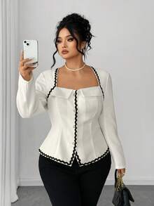 SHEIN Elenzya Áo cánh tay dài cổ thiên nga viền bèo nhún chắp vá cỡ lớn cho nữ, hàng cúc đơn thanh lịch - trắng - Xem 5