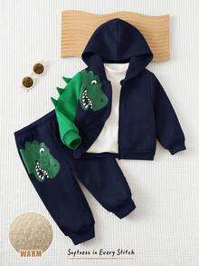 Cozy Pixies 2pcs Baby Boy Cartoon Dinosaur/Tyrannosaurus Rex Print Hooded Zip-Up Jacket And Elastic Waist Jogger Pants Set, Autumn/Winter Baby Clothes Baby Boy Dinosaur Clothes Baby Boy Character Clothes Baby Boy Clothes Baby Boy Fall Newborn Zipper Suit - Royal Blue - View 7