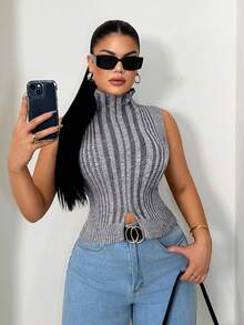 Sirith Women's Sleeveless Turtleneck Sweater Vest With Slit Hem, Gray Melange, Fitted, Sexy, Casual, Street Style, Slim, Ribbed Knit Top - Grey - View 1