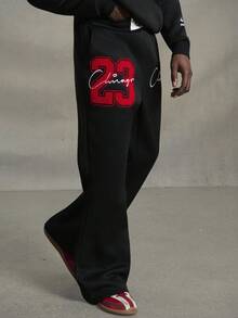 PAVTROS 男款芝加哥 23 3D 刺绣运动衫，黑色，23 运动裤，芝加哥运动裤，Y2k 运动裤，黑色图案运动裤，男款运动裤，2000 年代风格 - 黑色 - 查看 1