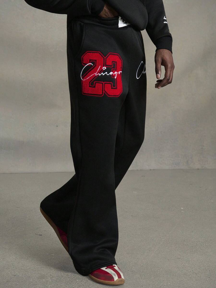 PAVTROS 男款芝加哥 23 3D 刺绣运动衫，黑色，23 运动裤，芝加哥运动裤，Y2k 运动裤，黑色图案运动裤，男款运动裤，2000 年代风格 - 黑色 - 查看 1