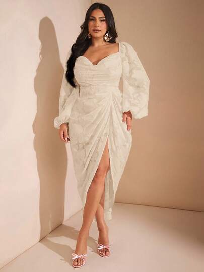 SHEIN BAE Plus Size Women's Elegant Party Date Sexy Glitter Sequins Draped Neck Ruched Asymmetrical Hem Slit Dress With Long Sleeve, Pink Dress