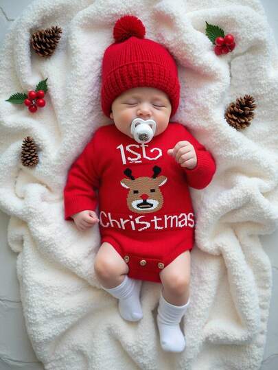 SHEIN 男婴针织毛衣连体衣，长袖，适合秋冬季，红色驯鹿圣诞设计，可爱时尚，适合节日，日常休闲穿着，适合居家、户外、旅行