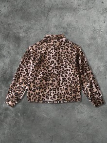 ROMWE MEN Street Life Chaqueta de estilo callejero con estampado de leopardo y texto en inglés, forrada térmicamente, para otoño/invierno - Café integral - Ver 3