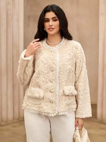 Roveilla Chaqueta de mujer de talla grande con cuello de piel de conejo sintética, perlas falsas y botón de perla de abotonadura sencilla - Albaricoque - Ver 5