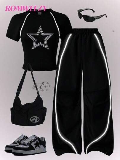 Teen Girl 2pcs/Set Casual T-Shirt And Pants Set, White Star Print On Chest, White Decorative Drawstring, Suitable For Walking, Shopping, School, Concert Outfit