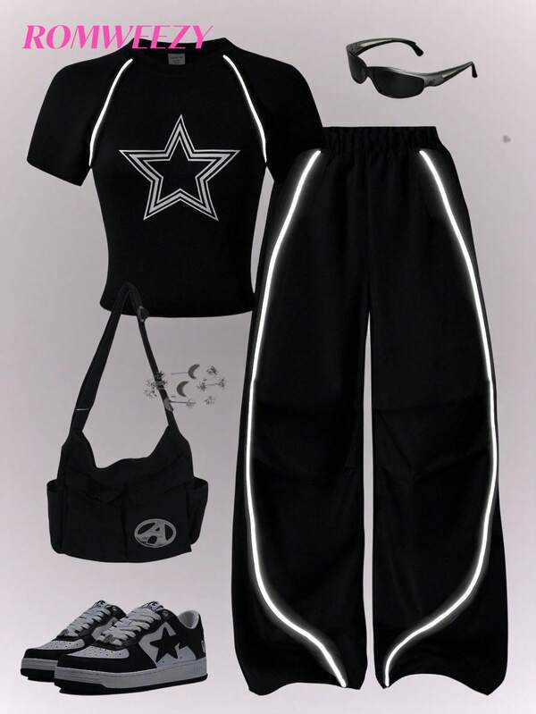 Teen Girl 2pcs/Set Casual T-Shirt And Pants Set, White Star Print On Chest, White Decorative Drawstring, Suitable For Walking, Shopping, School, Concert Outfit