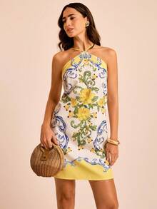 女士花卉印花休闲宽松挂脖迷你连衣裙，度假风 - 彩色 - 查看 4