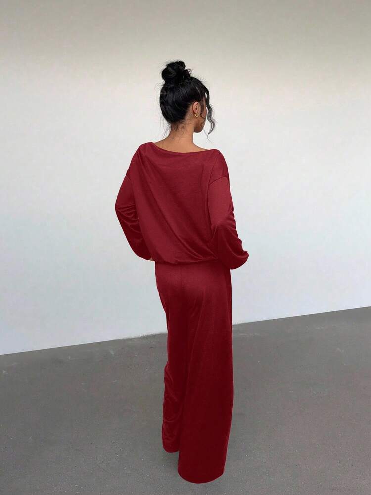 Aloruh Women's Casual 2 Pieces Set: Numeric Print Drop Shoulder Long Sleeve Sweatshirt And Pants, Autumn,Cozy Fall And Winter Clothes For Women - Burgundy - View 2