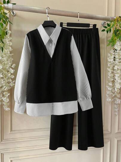 SHEIN LUNE 大码女式休闲通勤拼色两件套