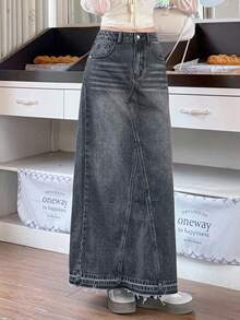 Rivivi Váy denim cạp giữa thời trang thường ngày có thắt lưng cho nữ - màu đen - Xem 4