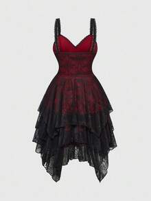 ROMWE Goth 万圣节哥特式可拆卸金属链带腰部不对称分层下摆蜘蛛网网眼女式连衣裙 - 黑色 - 查看 2