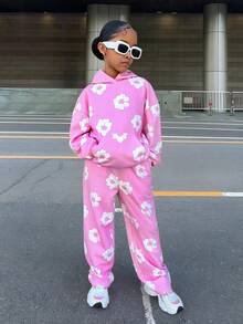 Set de 2 piezas de sudadera con capucha y pantalón jogger de estampado floral suave y casual para niñas preadolescentes - Rosa - Ver 6
