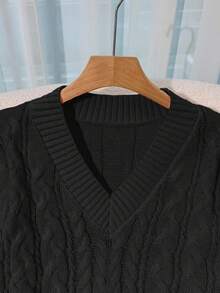 Franclia New Loose, Soft, Sweet Pink Oversized V-Neck Thick Cable Knit Pullover Sweater For Women, & Versatile For Autumn/Winter - Black - View 7