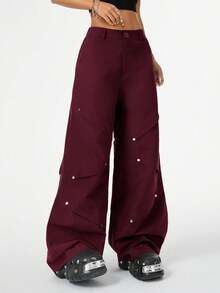 Coolane 女士街头休闲拼布铆钉褶裥裤 - 酒紅色 - 查看 6