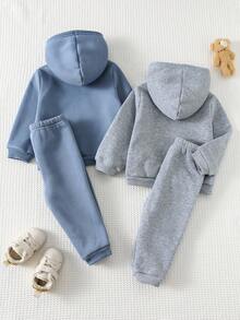 Cozy Pixies 4 Peças Conjunto de Moletom com Capuz e Calça de Cintura Elástica com Estampa de Urso Cartoon para Bebê Menino, Tecido Macio e Forro Térmico - Azul - Visão 2