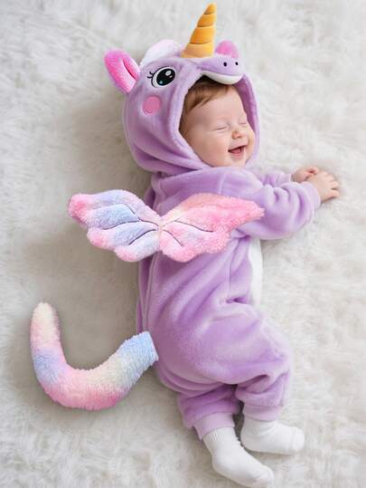 SHEIN Newborn Unicorn Gradient Colorful Plush Long Sleeve Jumpsuit With 3D Embroidered Hat, Wings And Tail, Baby Outfit