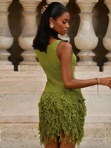 Mima John Women's Mustard Green Knitted Suspender Crochet Vest Mini Skirt, Summer Fashion Fringe Hem Knitted Summer, Women's Summer Clothes, Summer Outfits, Women's Beach Clothes, Women's Elegant Clothes, Women's Summer Clothes, Women's Beach Cover-Ups, Women's Elegant Dresses, Women's Cruise Clothes, Ibiza Clothes, Carnival Clothes/Carnival, Festivals Summer Festivals Beach Vacations, - Green - View 4