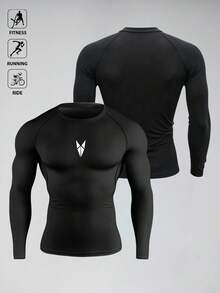 Gym Rark Men's Slim Fit Geometric Print Long Sleeve Athletic T-Shirt Spandex Shirts Men Compression Tops Compression Long Sleeve Men Compression Shirts Compression Top Compression Shirt Men - Black - View 1